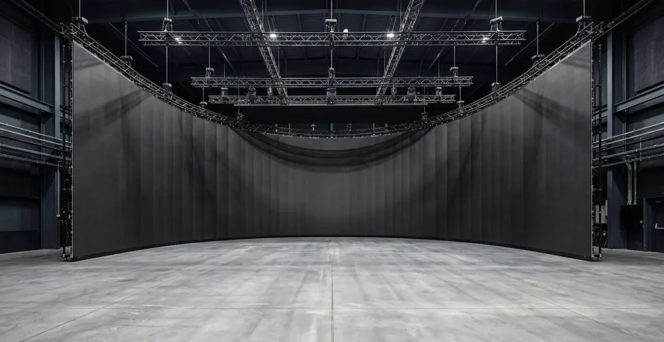 Wide shot of empty virtual production stage showing curved LED walls from distance