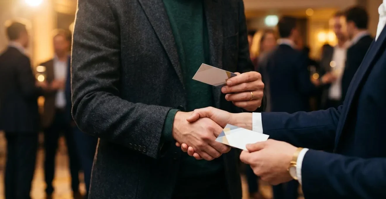 Close-up of hands exchanging elegant business cards at film industry networking event