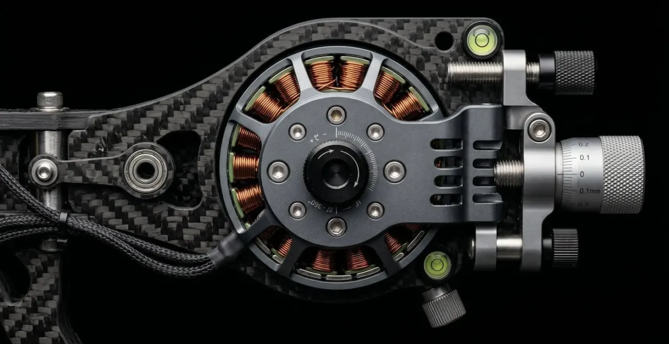 Close-up of gimbal motors during dynamic balance test showing precise mechanical adjustment