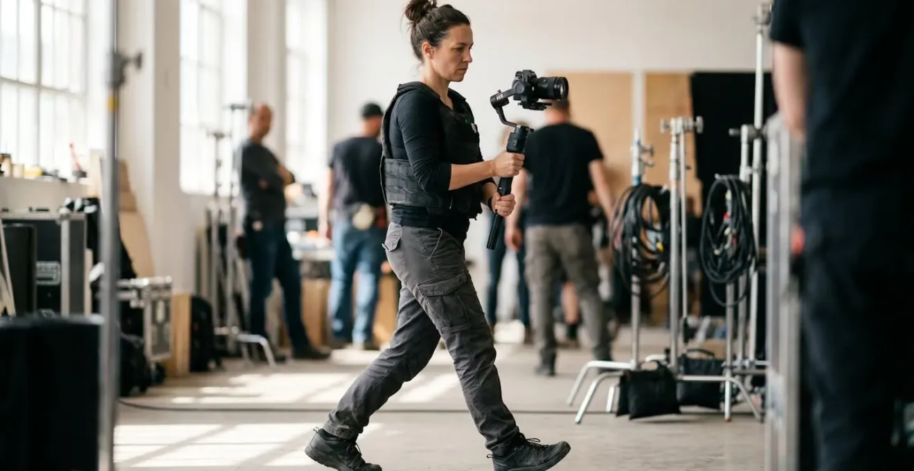 Side view of professional camera operator demonstrating proper gimbal walking technique with bent knees