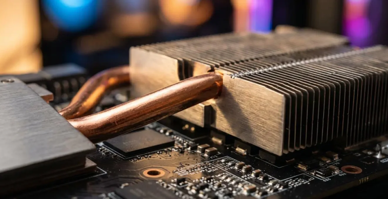Extreme close-up of graphics card VRAM chips showing circuit patterns and heat dissipation