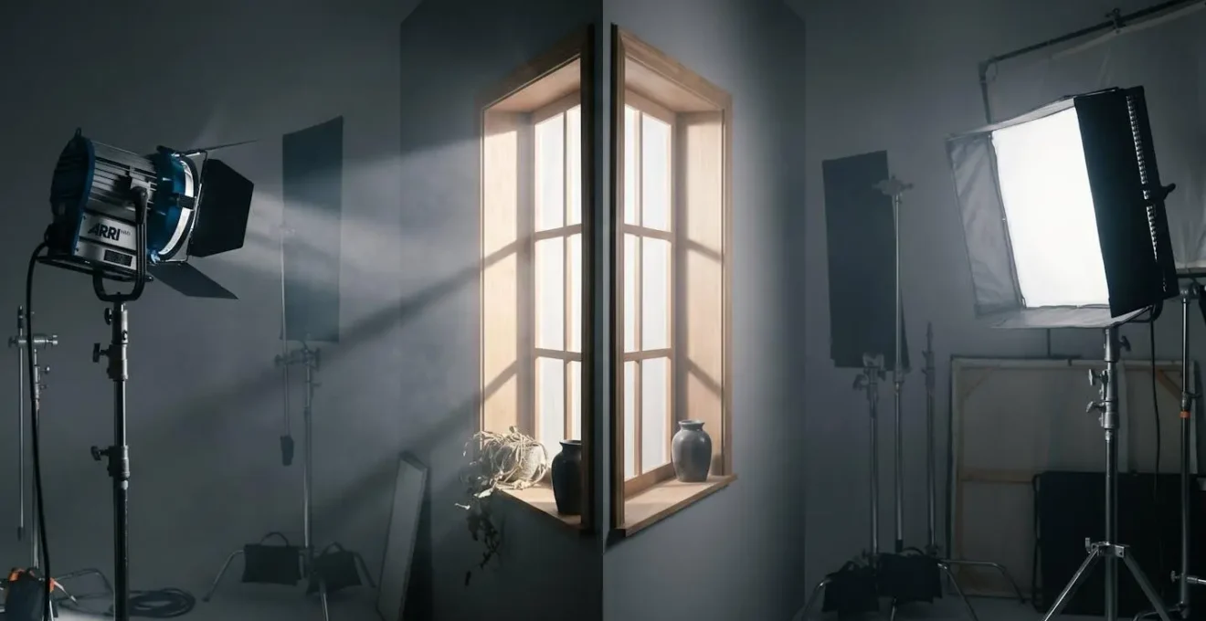 Side-by-side comparison of HMI and LED lights creating sunlight through window