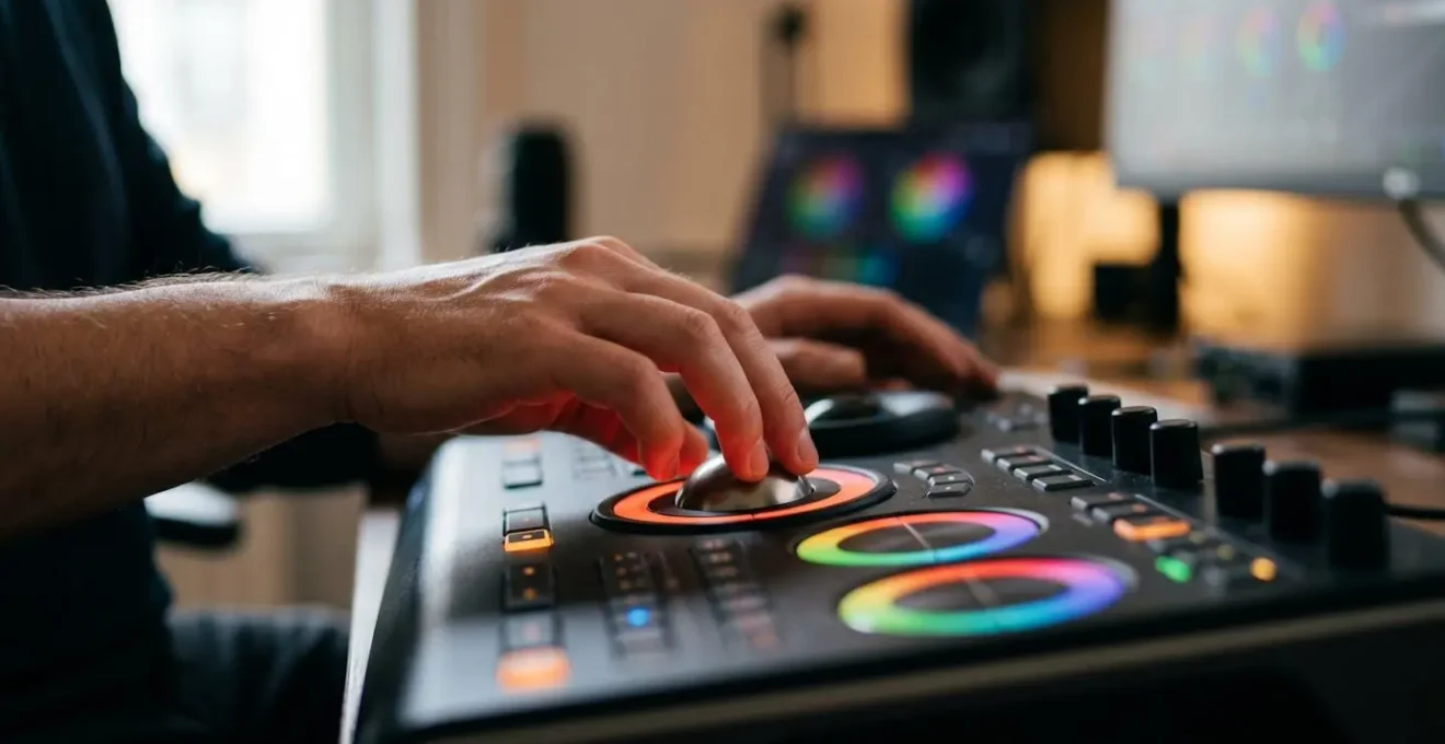 Close-up of colorist's hands adjusting color wheels on professional control surface