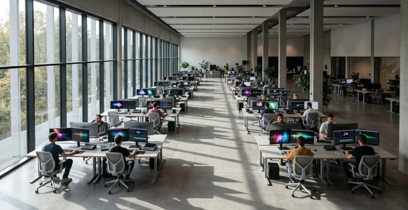 Wide shot of modern post-production facility showing integrated human-AI workflow