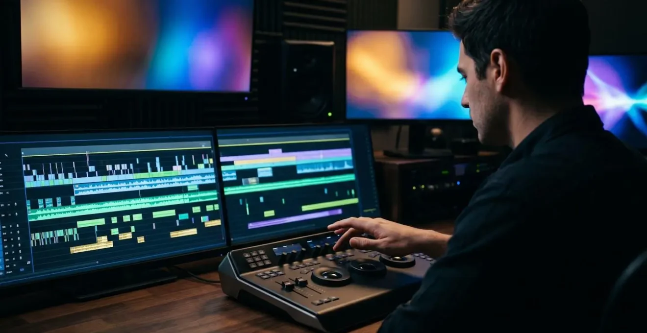 An editor's hands poised over a professional video editing console, with an animatic timeline visible on the screen.