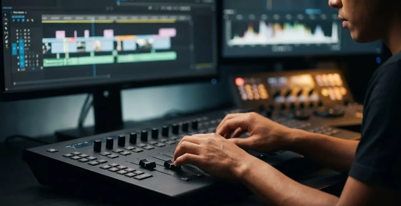 Professional video editing timeline showing separated text and graphic layers for international distribution