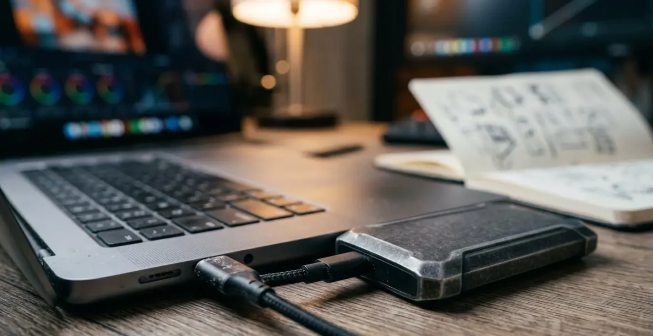 Close-up of laptop showing proxy workflow setup with external SSD storage connected