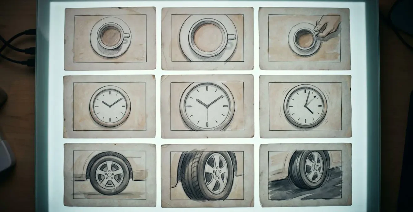 Storyboard frames showing match cut planning with aligned shapes and movements between scenes