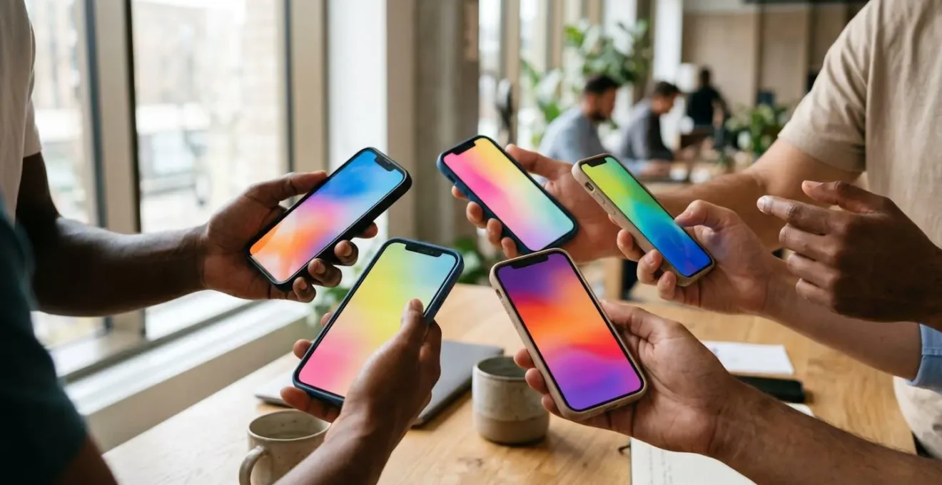 Hands holding multiple smartphones showing color test patterns in natural light