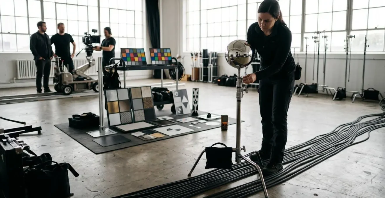Film crew capturing HDRI sphere and reference materials on movie set