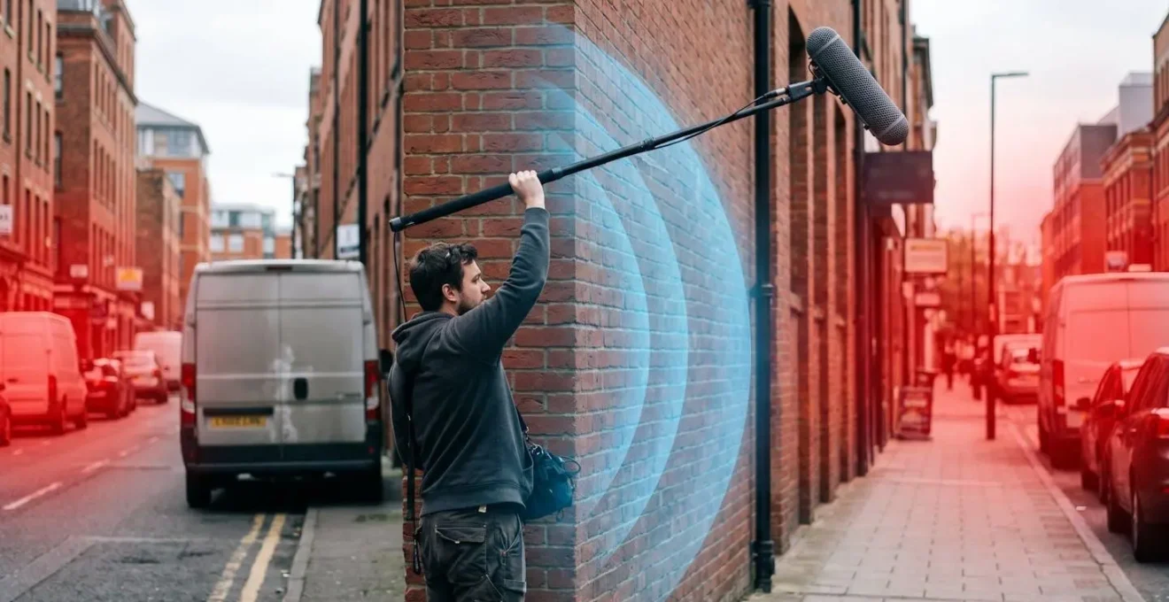Boom operator positioning microphone above subject with acoustic shadow visualization