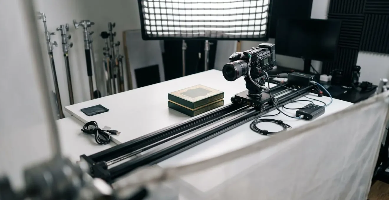 Professional camera slider creating parallax effect with multiple depth layers in product photography setup