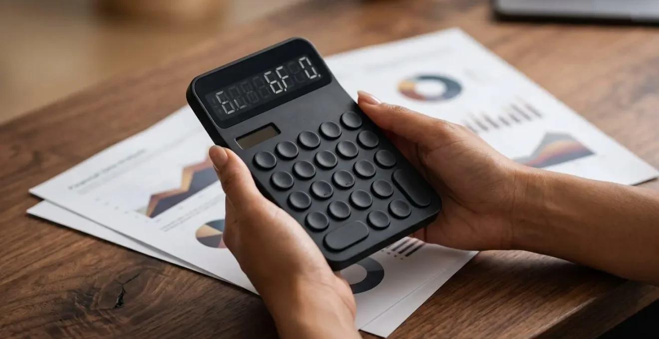 Close-up of hands analyzing financial data with calculator