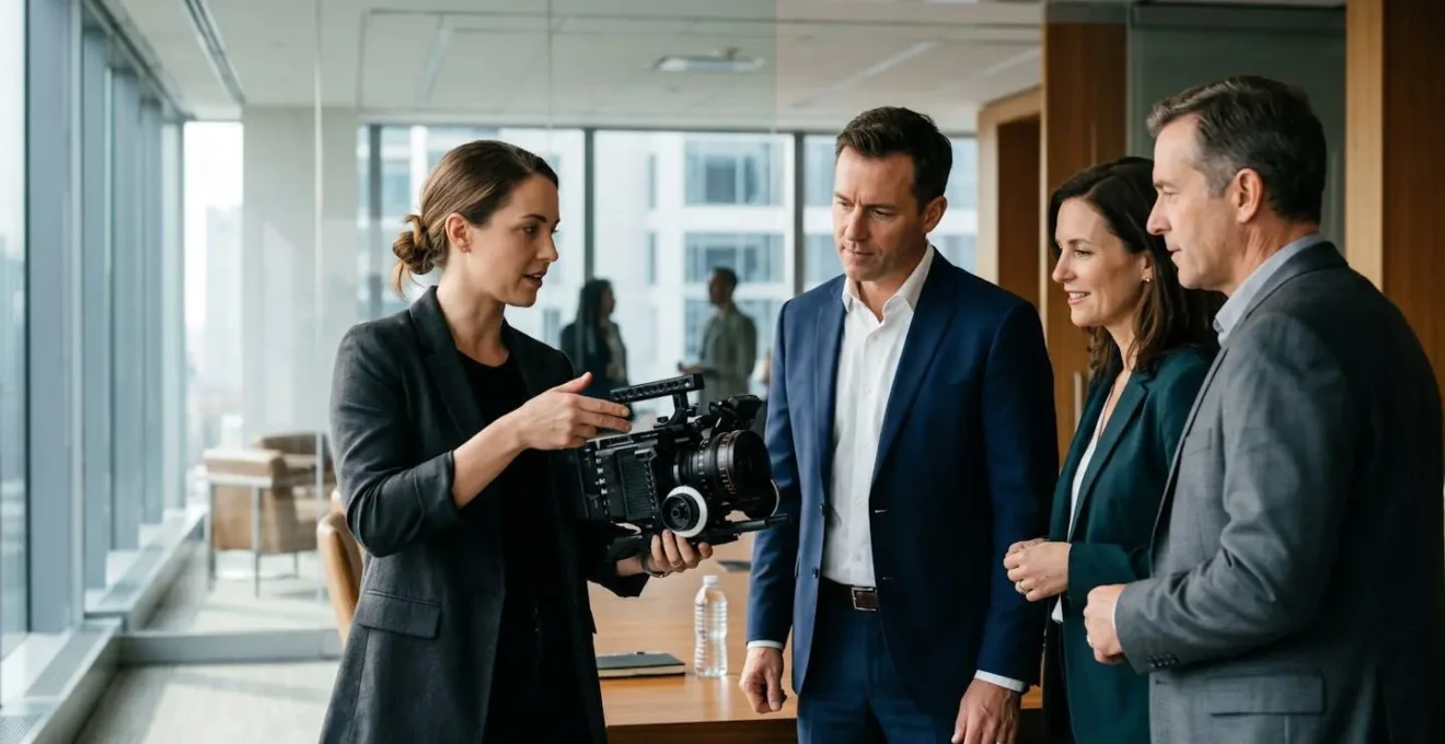 A professional cinematographer presents high-end Arri camera equipment to engaged corporate clients in a modern meeting room.