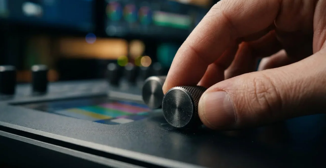 Macro shot of colorist's hand adjusting color grading control surface knobs with professional monitor reflection