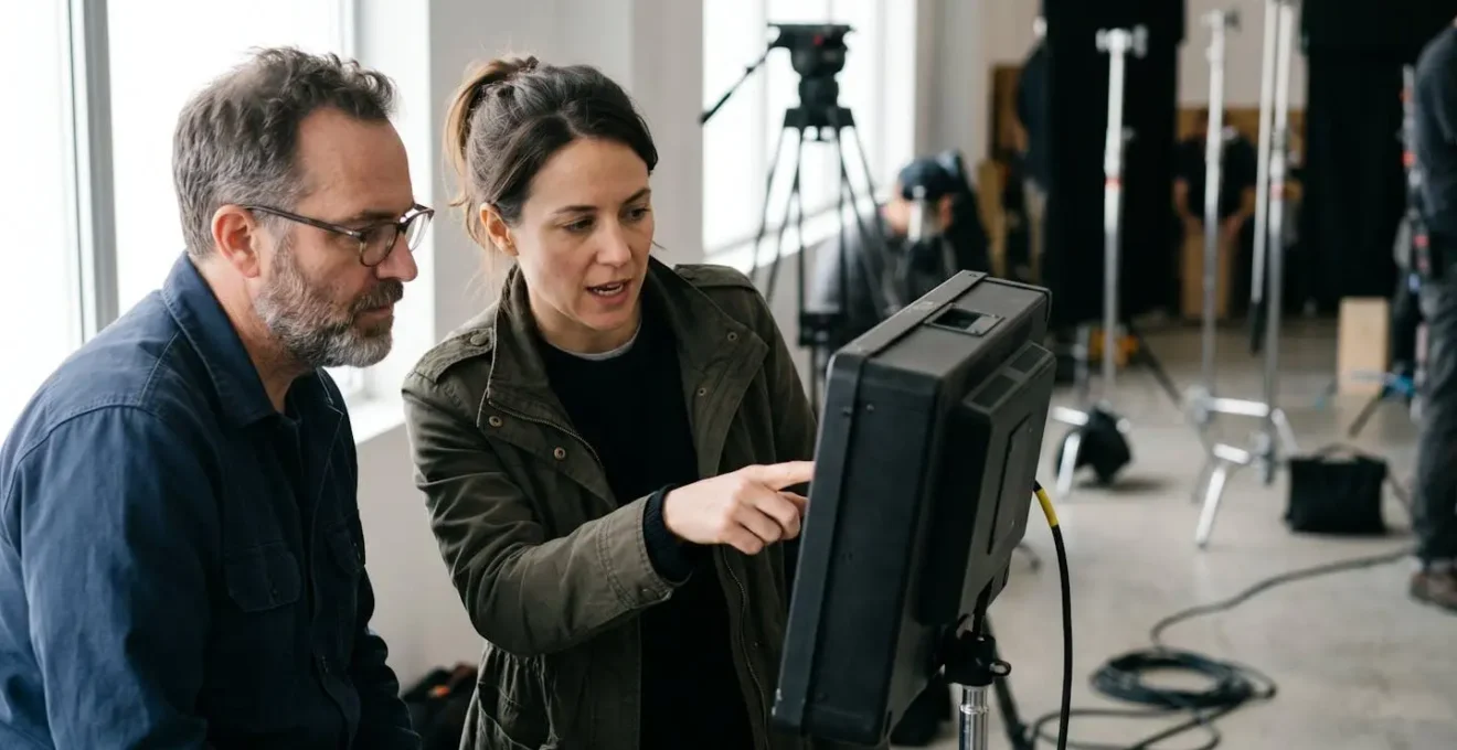 A professional film production team collaborating on set, showing focus and emotional engagement.
