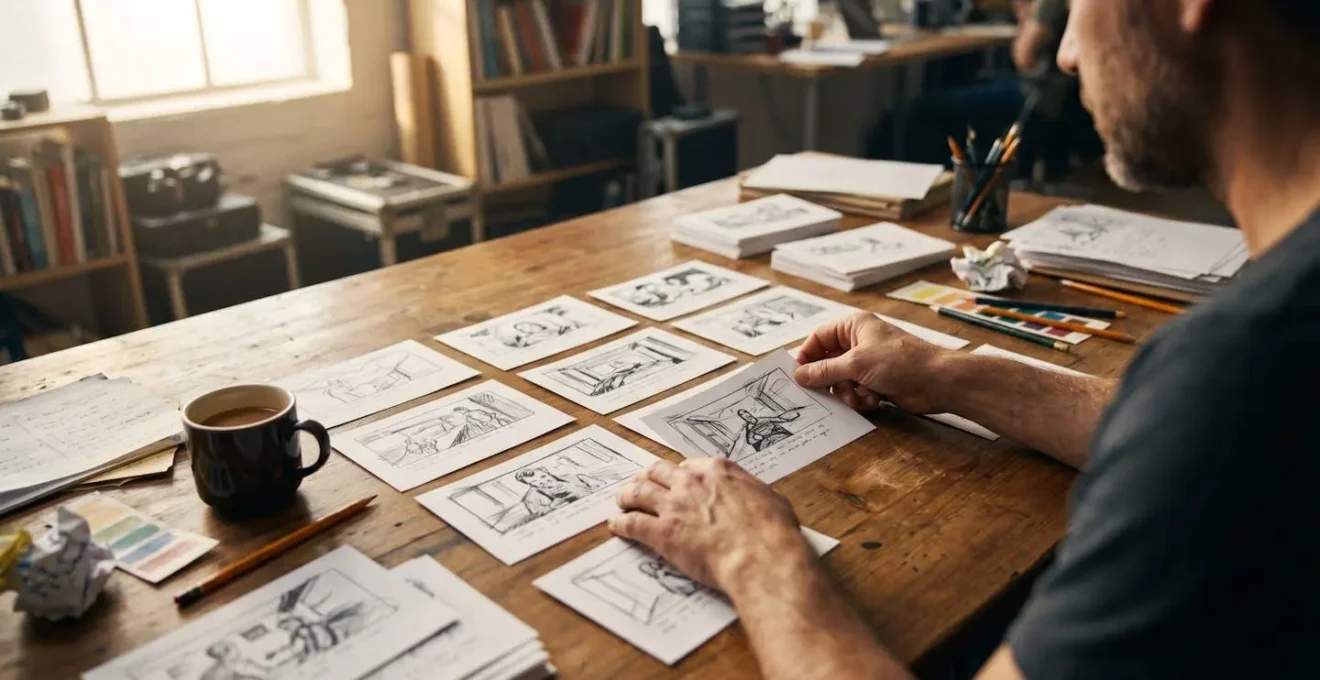 Film production storyboard frames arranged on table with planning materials