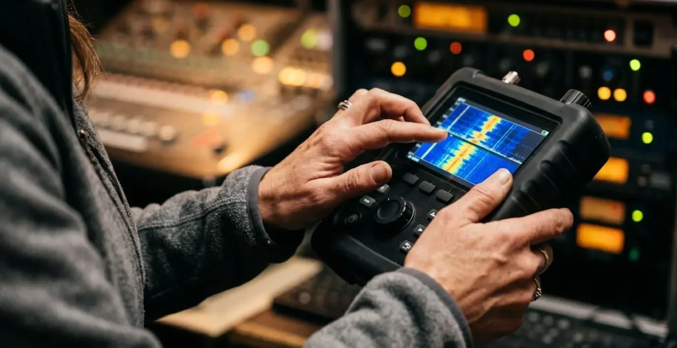 Professional RF spectrum analyzer showing clean and interference patterns