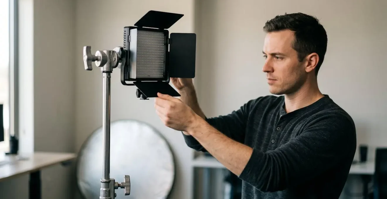 Portrait of videographer adjusting a single LED panel on a light stand in a minimalist office setting