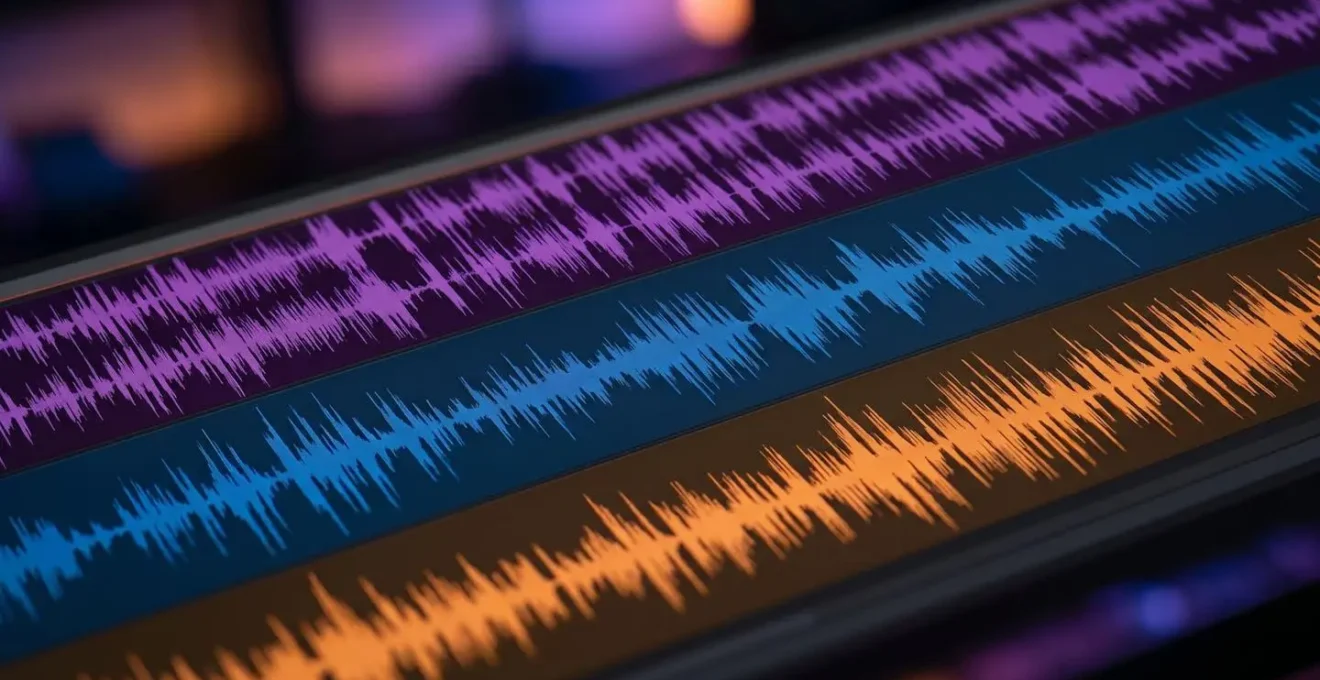 Macro shot of audio waveforms and sound layers on professional editing timeline