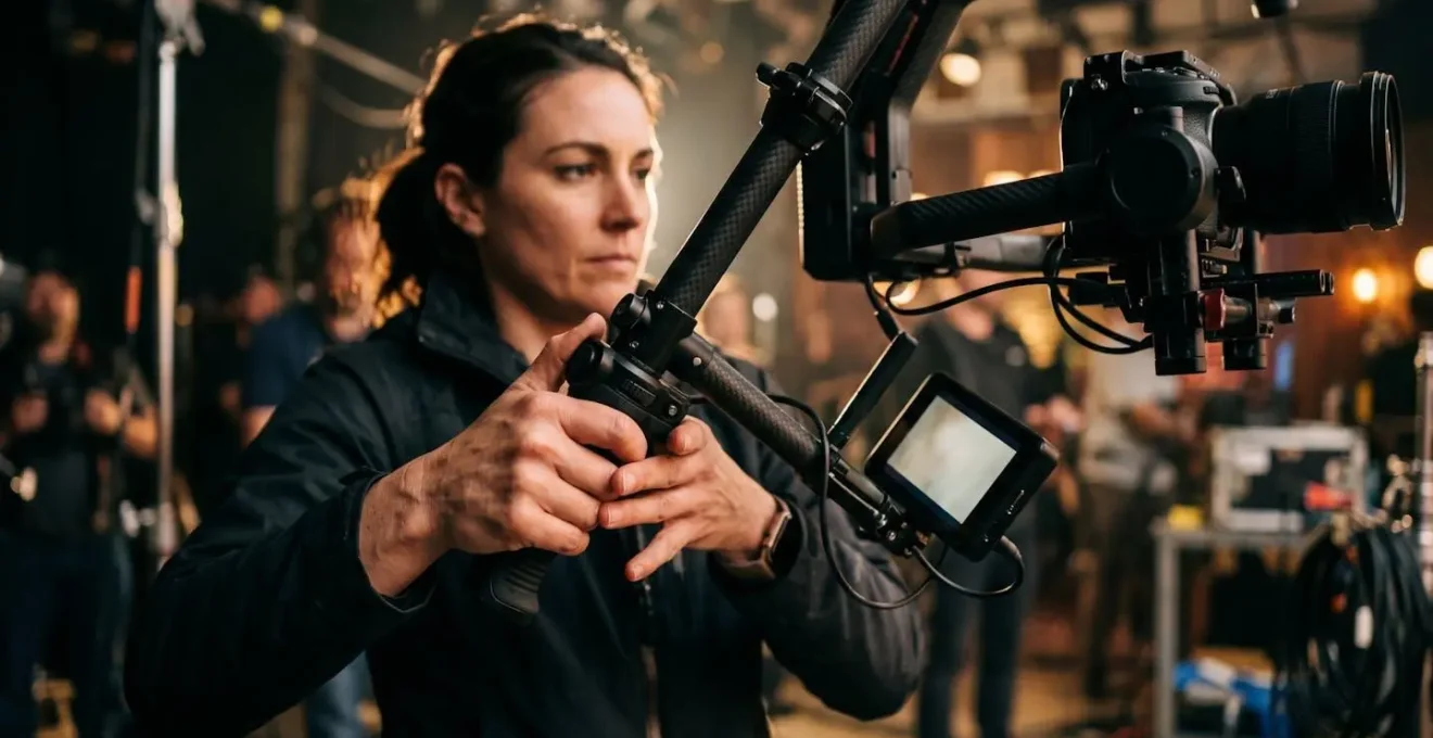 Camera operator using professional stabilizer for smooth controlled movement in video production