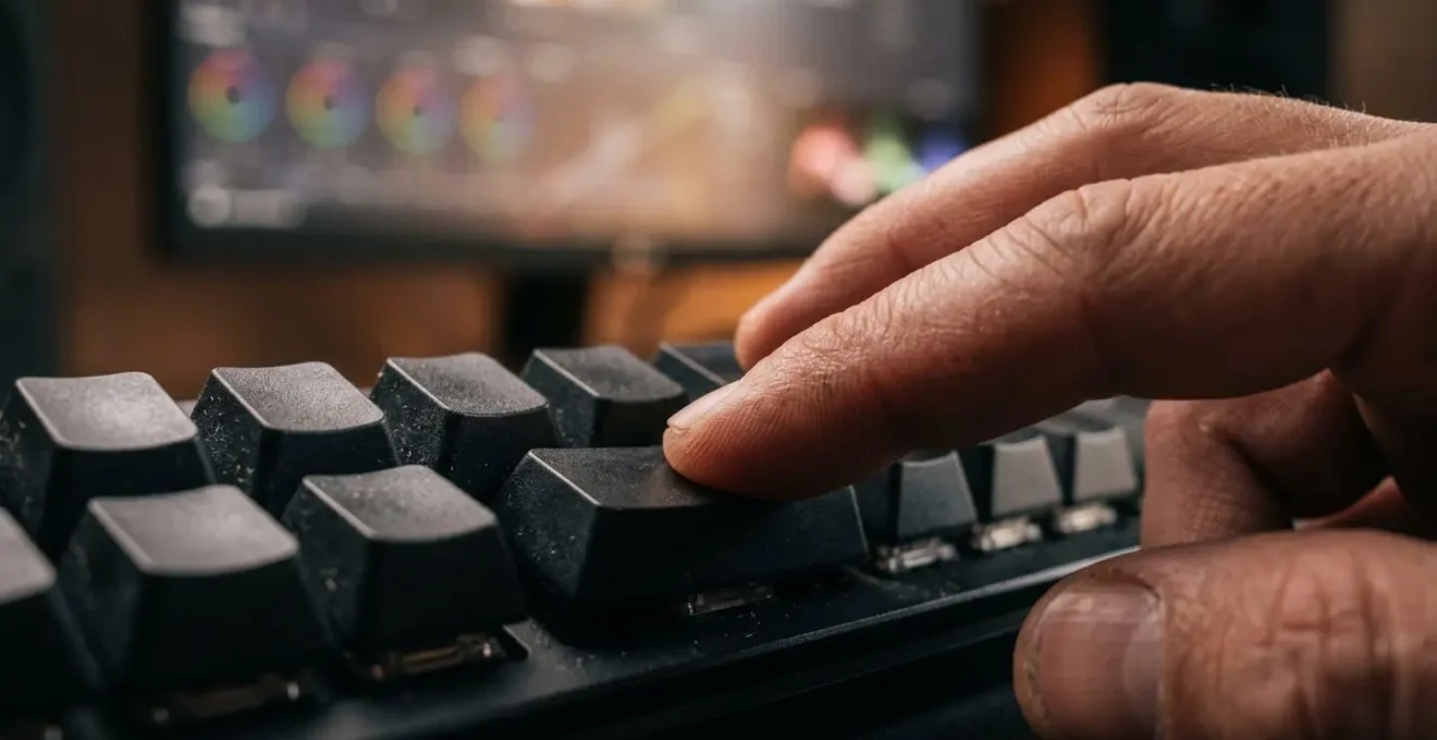 Close-up view of hands editing video through text manipulation on a professional workstation