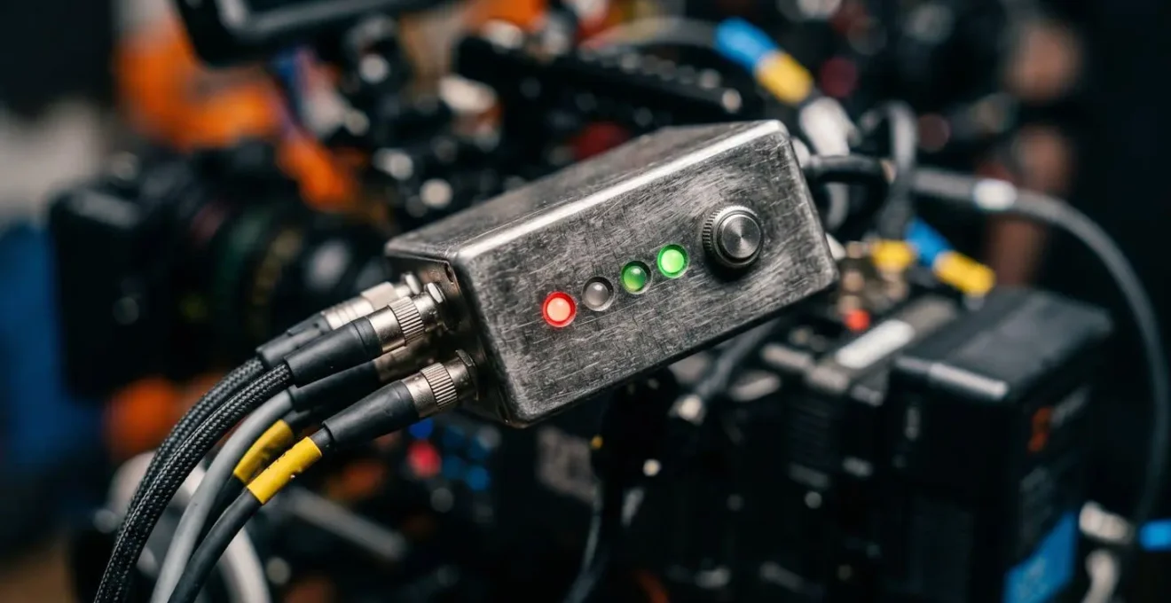 Close-up macro shot of timecode generator device with blurred camera equipment in background