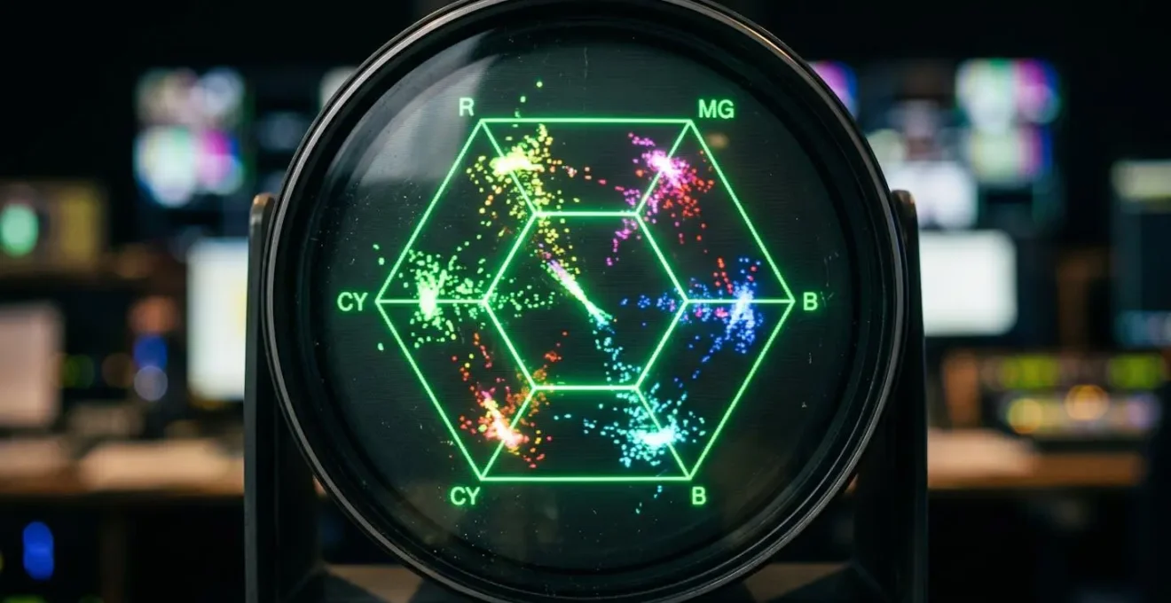 Close-up of vectorscope display showing color distribution patterns in professional grading environment