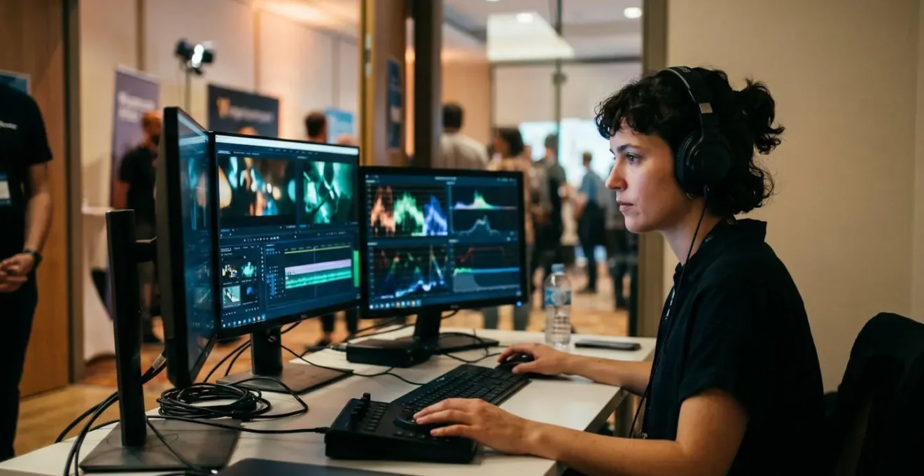 Video editor working on multiple screens during live event production