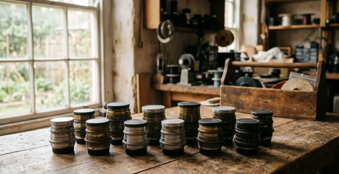 Collection of vintage cinema lenses arranged on a wooden surface
