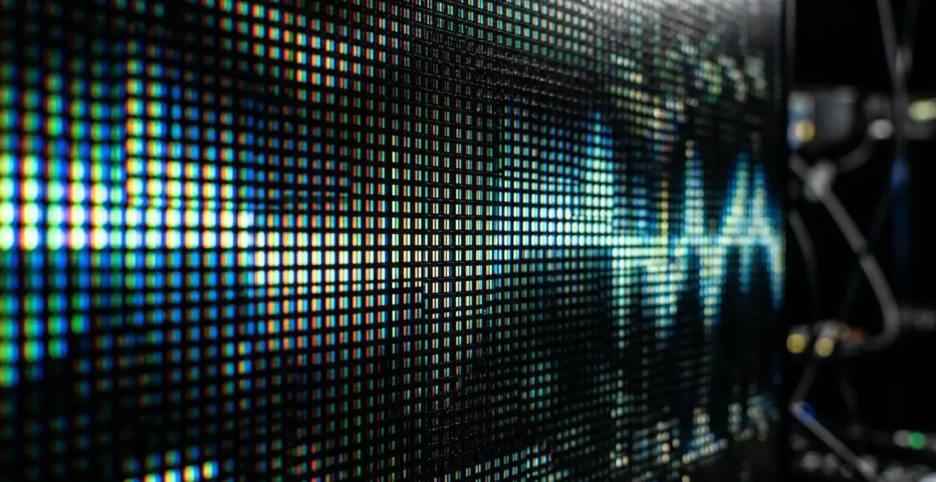 Close-up macro shot of professional video monitor showing waveform analysis