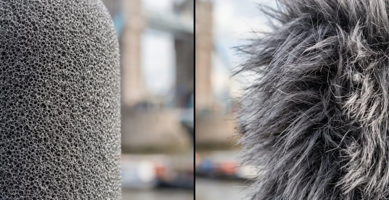 Split comparison showing foam windshield versus dead cat on boom mic near Tower Bridge